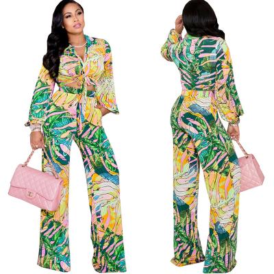 China 2022 New Viable Women Sleeve Long 2 Piece Set Casual Shirts High Waist Pant Suits Set Elegant Women Printed Suit for sale