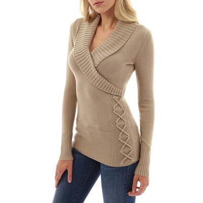 China Anti-Wrinkle Autumn Winter Women Anti-Wrinkle Casual Long Sleeve Wrap V-Neckline Loose Knitted Pullover Sweater Blouse Tops Plus Size for sale