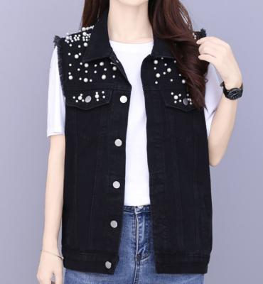 China 2022 Autumn High Quality Fashion Sleeveless spring jeans plus size jacket plus size top women bead coated denim Vintage Streetwear for sale