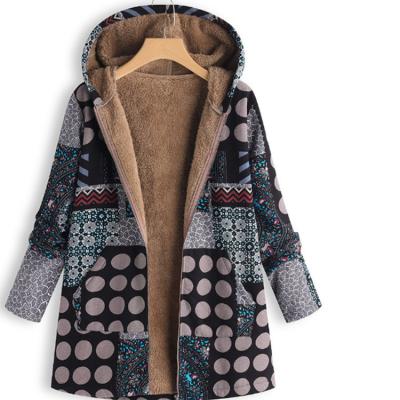 China Breathable Breathable Women Fashion Autumn Winter Boho Floral Printing Plus Size Long Sleeve Zipper Pockets Velvet Hooded Coat for sale