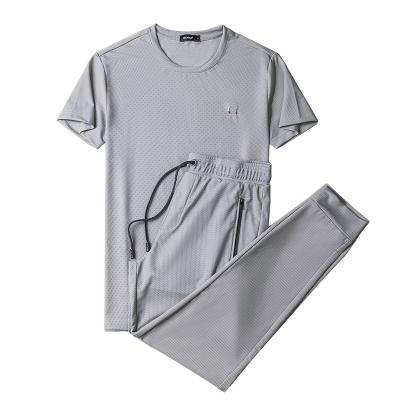 China 2021 Summer Casual Two Piece Short Sleeve Sportswear Mens Jogging Ice Silk Quick-Drying Running Casual Set for sale