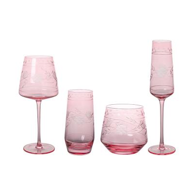 China Telsen Crystal Lace Champagne Flute Wedding Glassware Engraved Clear Pink Green Lead Free Red Wine Glass Tumbler for sale