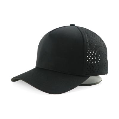 China 5-Panel Hat Custom 5 Panel Curved Bill Rubber Pvc Logo Rope Baseball Cap Waterproof Laser Cut Drilled Hole Perforated Hat for sale