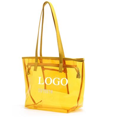 China Fashion Custom Ladies Plastic PVC See Through Tramp Tote Bag Women Beach Bag Transparent Handbag for sale