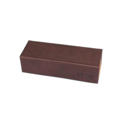 China Foldable PU+Carton+Metal+Velvet Case 3077 Sunglass Case With Debossed Logo Brown PU Darkening Outer Packing Folding Glasses Case Sunglass for sale