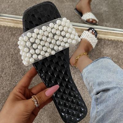 China CUSHIONING summer popular girl fashion pearl slide sandals flat ladies pearl slippers sandals for women and ladies for sale