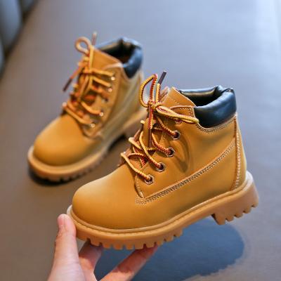 China New Children's Martin Boots Girls Fashion Lace Leather Short Round Up Boot Boys Yellow Reject Children's Shoes for sale