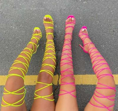 China SHOCK ABSORBING 2021 new design shoes for women Rome over the knee strap wrap heel sandals lace up high heels stilettos for sale