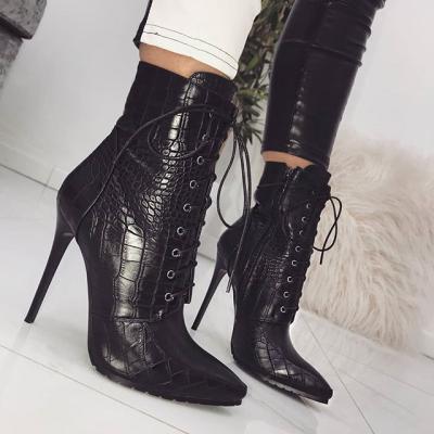 China High Knight Marten Women's Stiletto Heel Autumn Stiletto Toe Lace Up Thermal Buckle Ankle Boots For Women Girl for sale