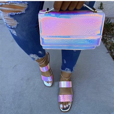 China CUSHIONING Quality Shinny Laser Pack With Laser Sandals Slippers For Women With Matching Handbag Sets for sale