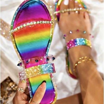 China Shiny high quality comfortable faux stone women summer simplicity rainbow slippers flat sandals for sale