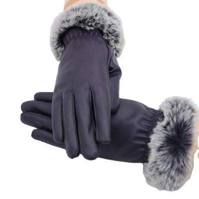 China Ladies Soft Black Driving Touch Screen Rabbit Hair Leather Glove PU Color Leather Glove for sale