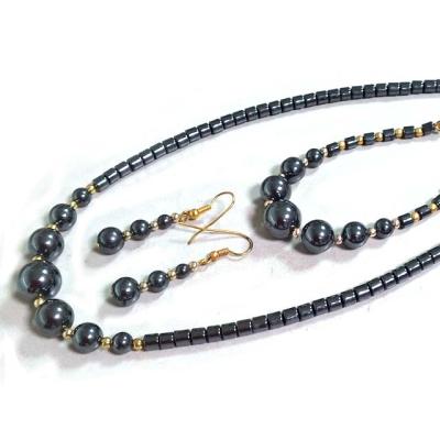 China Natural Gradual Round Black Hematite Gemstone Necklace Beads Earring Bracelet Hematite Necklace BOHEMIA Jewelry Set for sale