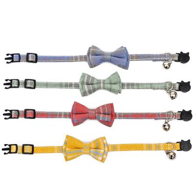 China Sustainable Comfortable Plaid Cotton Pet Collar With Bow Tie And Bells Adjustable Dog Cat Necklace for sale