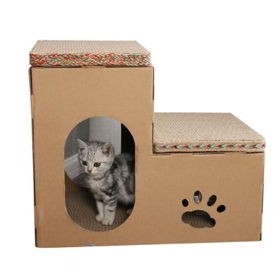 China Sustainable Stair Type Corrugated Wooden Cardboard Scratching Cardboard Cat Scratch Paper House Box for sale