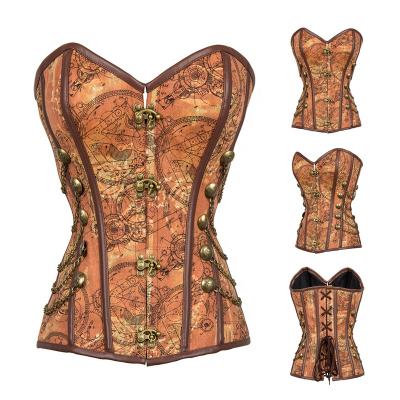 China Corzzet Women's Gothic Antibacterial Brown Steampunk Overbust Steel Bone Lace Up Retro For Girls Bodyshaper Corsets And Bustiers for sale