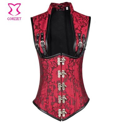 China Steampunk Underbust Antibacterial Red Steel Bones Jacquard Corzzet Gothic Women's Vest Corsets Lace Up Closure Factory Bustiers for sale