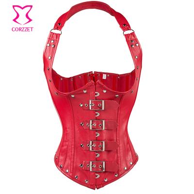 China Cheap Corset Bustier Tops Red Leather Corzzet Underbust Gothic Punk Corsets With Halter Lace Up Closure Steampunk Guangzhou Factory for sale