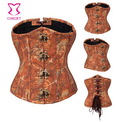 China Factory Retail Sales Guangzhou Steel Bone Buckle Corzzet Brown Steampunk Underbust Gothic Corsets Women's Victorian Bustiers for sale