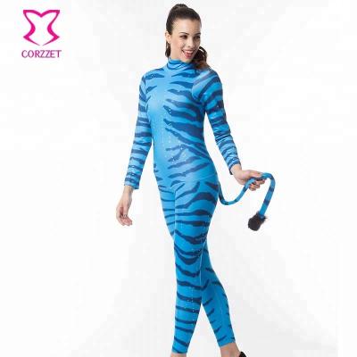 China Blue Lycra Corzzet Spandex/Avatar For Adult Women Halloween Costume Zipper Jumpsuit With Tail Masquerade Party Performance Dance Animal Costume for sale