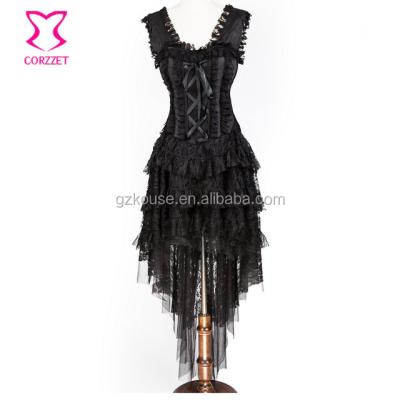 China Antibacterial Black Night Costume Party Burlesque Training Waist Skirt Corset Gothic Steampunk Lace Dress for sale