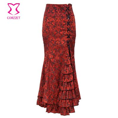 China Newest Plus Size Jacquard Dresses Black Vintage Victorian Lace Up Fishtail Skirts Steampunk Red Anklet With Strings For Girls for sale