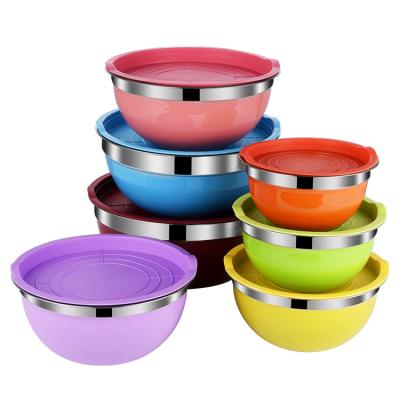 China Seven-Piece Color Stainless Steel Disposable Mixing Bowl With Lid , Stackable Nesting Bowl Set For Cooking Serving for sale