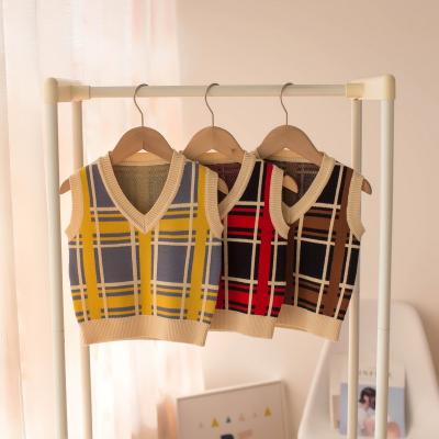 China B660 Autumn/Winter 2021 Children's Sweater Boy Breathable V-Collar Checked Vest Waistcoat Toddler Sweater for sale