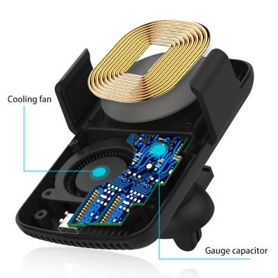 China Mobile Phone Charging Fan Car Charger 15w Duct Wireless Auto-clamping Wireless Car Charger for sale