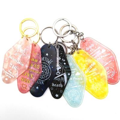 China Memories. Decoration. Wholesale Price Custom Promotional Cute Hot Stamping Printed Vintage Motel Room Hotel Logo Acrylic Plastic Blank Retro Keychain for sale