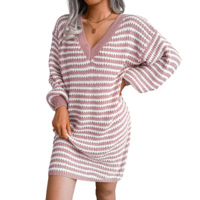 China New Fashion Women Winter Long Sleeve Sweater Anti-static Casual Striped Hollow Dress Knitted Dress for sale