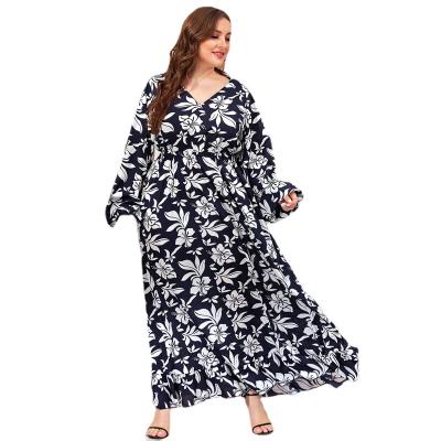 China Amazon Viable Border Hot Mockups Plus Size Women's Middle Eastern Spring And Fall Fashion V-neck Printed Long Dress for sale