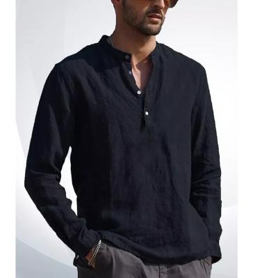 China Anti-Wrinkle European and American Men's Buckle Tie Long Sleeve Solid Color Casual Shirt Men Plus Size T-shirts for sale