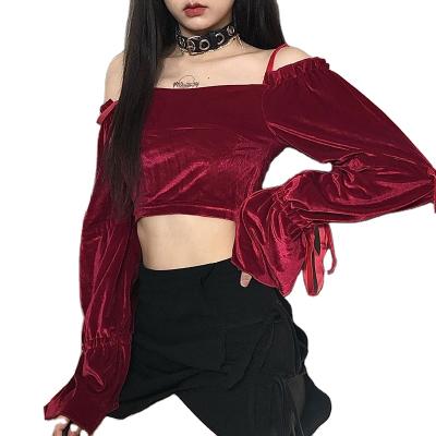 China Wholesale Compressed Woman Tops Fashionable Off The Shoulder Velvet Lantern Sleeves Printed Blouse for sale