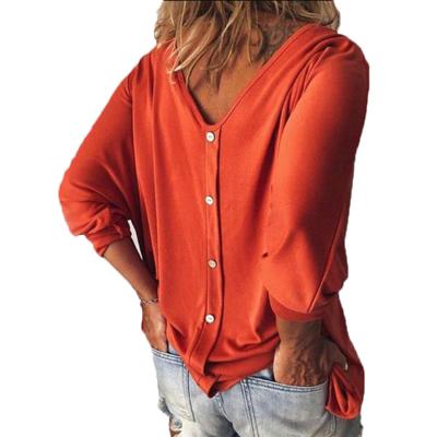 China Anti-pilling V-neck hot sale bat with seven sleeves and buttons at the back of T-shirt plus size women's T-shirt for sale