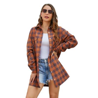 China Anti-Wrinkle Long Sleeved Style Light Breasted Brown Plaid Single Cooked Lapel Long Coat For Women Fashion Casual Coat for sale