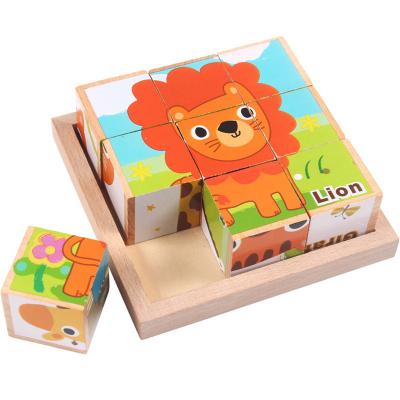 China 3d Wooden Puzzle 9Pcs 3D Wooden Building Blocks Toy Wood Cubes Animal Fruit Traffic Hexagons Educational Toys For Kids Gifts for sale