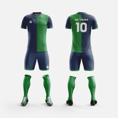 China Ventilation China Made Navy Blue And Green Soccer Jersey , Custom Sublimated Dry Fit Soccer Uniform Set For Men for sale