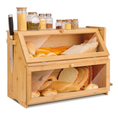 China High Quality 2 Layers Kitchen Freshness Keeping Bamboo Bread Bin Customized Large Capacity Bamboo Bread Box for sale