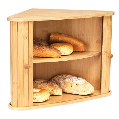 China Freshness Keeping Bamboo Corner Bread Box Double Layers With Sliding Pocket Doors for sale