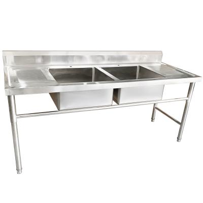 China Without Tap Customized Camping Cupboard Kitchen Equipment Stainless Steel Table With Double Sinks for sale