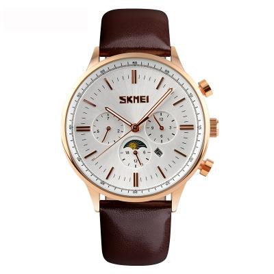 China Power Reserve SKMEI 9117 Leather Strap Minimalist Men's Moon Phase Quartz Watch for sale