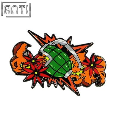 China Europe Maker Pattern Cool Green Bomb Red Flower Hard Enamel Black Nickel Lapel Pin for sale