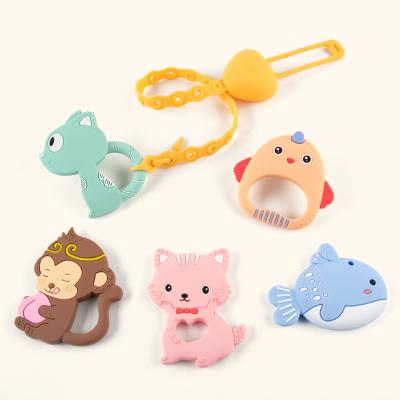 China Soft Toy Small MOQ BPA Stocked Colorful Animal Kid Chew Teething Toys Rings Food Silicone Teether For Baby for sale