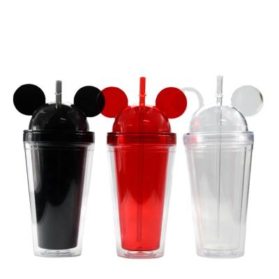 China 16OZ Double Wall Sustainable Acrylic Plastic Mouse Ear Tumbler Cup With Straw for sale