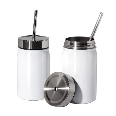 China 500ml Sustainable Stainless Steel Mason Jar With Lid Double Wall Vacuum Mug With Stainless Steel Straw for sale