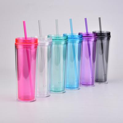 China Sustainable Hot Selling 16oz Clear Acrylic Lean Wall Double Tumbler Plastic Cup With Lid And Straw for sale