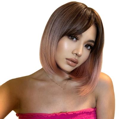 China Daily Use EASIHAIR Ombre Brown Pink Short Bob Wigs With Bang For Women Straight Hair Heat Resistant Synthetic Wig For Women Cosplay Lolita for sale