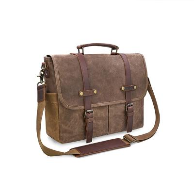 China Vintage Men's Waterproof Waxed Canvas Laptop15.6 Inch Laptop Bag Leather Briefcase Messenger Bag for sale