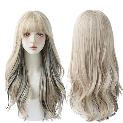 China Daily Use Wavy Curly Long Black Blonde Hair Accent Blend Synthetic Wigs With Fluffy Bangs For Women's daily use of s four-season for sale